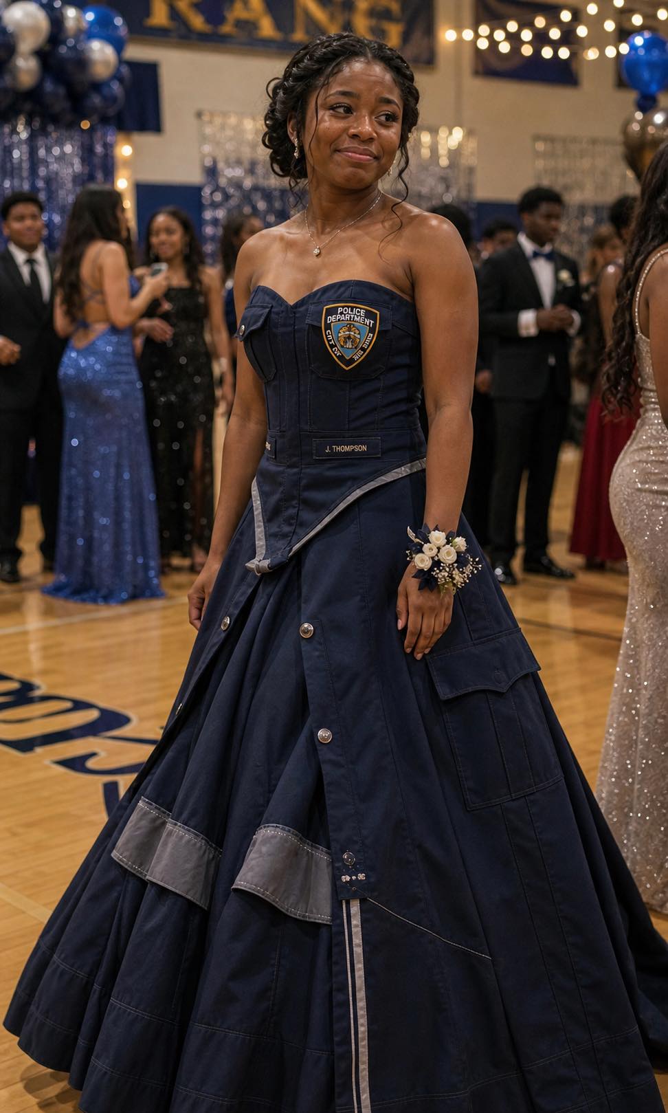 My Daughter Made Her Prom Dress Out of Her Late Father’s Uniform – When Her Mean Classmate Poured Punch on It, the Girl’s Mother Grabbed the Mic and Said Something That Froze the Whole Gym