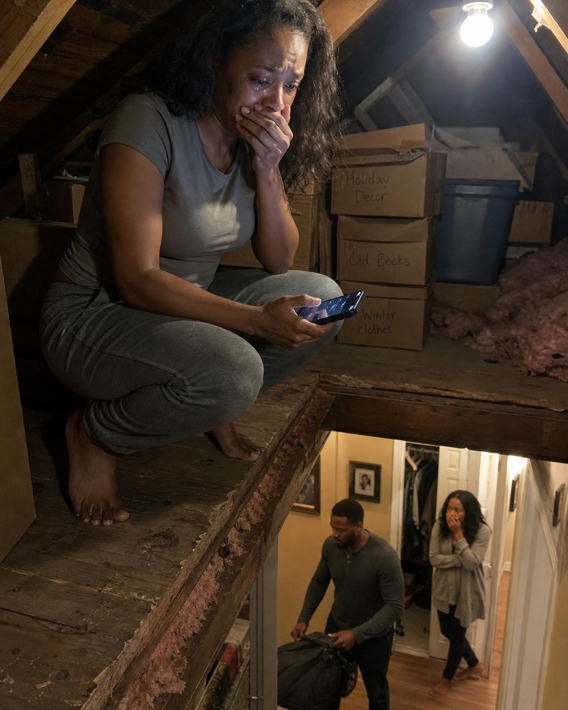 My sister called me at midnight and whispered, “Turn off every light. Go to the attic. Don’t tell your husband.” I thought she was losing her mind — until I looked through the floorboards