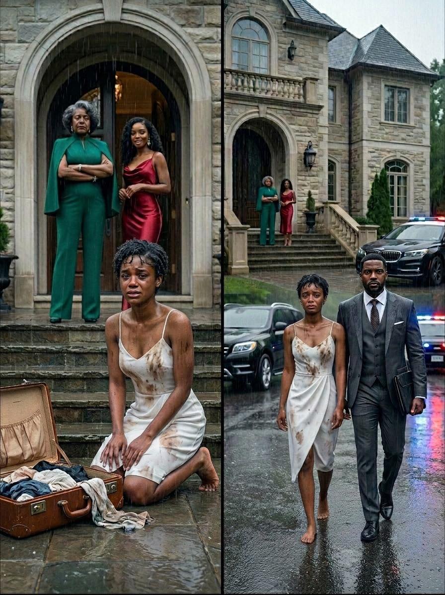 My mother pushed me into the freezing rain, and my sister threw my suitcase after me, sneering that I’d lost Dad’s estate by marrying a poor mechanic. But when three black SUVs arrived and my husband stepped out in a tailored suit, their confidence disappeared instantly.